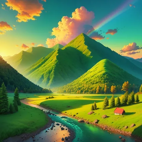 (digital painting),(best quality), (detailed), (illustration), (cartoonish), green mountain, sunset, river flowing, green grass, sunset, rainbow, clouds