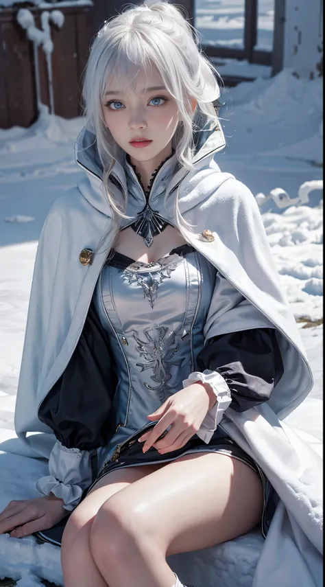 (8K)，realisticlying, A high resolution, 1 Women, Alone, (a gorgeous，Lolita costume)， pretty eyes, White hair, eye socket, (sitted，Cloak，blanketed in a mantle of snow)，snow field，Blizzard，