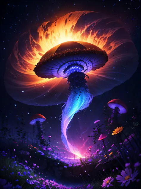 （（（Giant rainbow mushroom that emits auroras，covered with vines，leafs，fresh flowers））），Intense contour light，Inner glow，Colorful，（（Best quality））， （（tmasterpiece）），dances，Enhanced dynamic viewing angle，Sparkling creek，（weeds），flowers blooming，glowing effec...