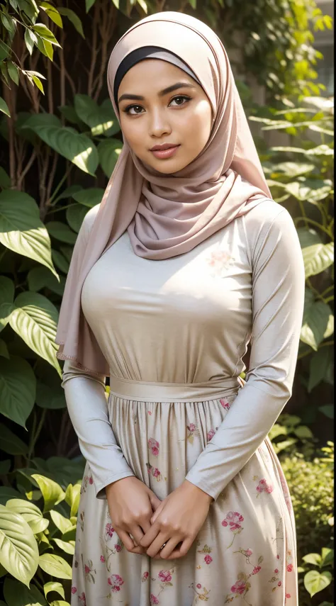 RAW, Best quality, high resolution, masterpiece: 1.3), beautiful Malay woman in hijab,Masterpiece, perfect slim fit body, (Huge breasts), beautifull face, perfect fac,detail face,big gorgeous eyes, Soft smile, Delicate turtleneck print sun dress, necklace,...