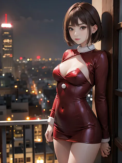 Slender woman、Super small breasts、Brown-haired short bob、super sexy red santa costume、slutty eyes looking at camera、Night view of the city、