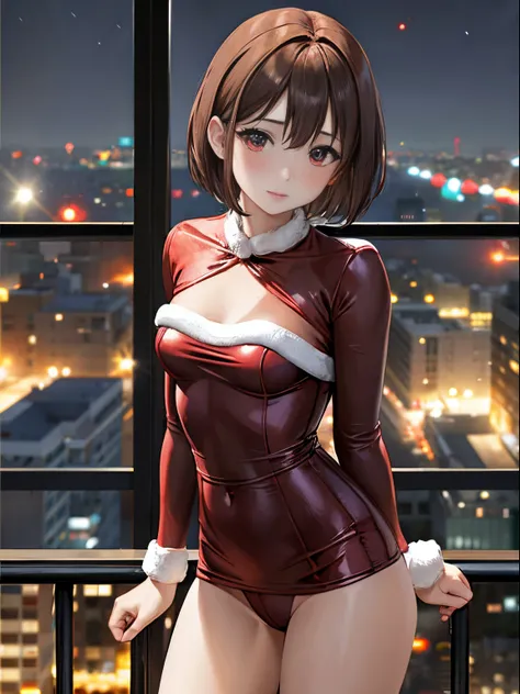 Slender woman、Super small breasts、Brown-haired short bob、super sexy red santa costume、slutty eyes looking at camera、Night view of the city、