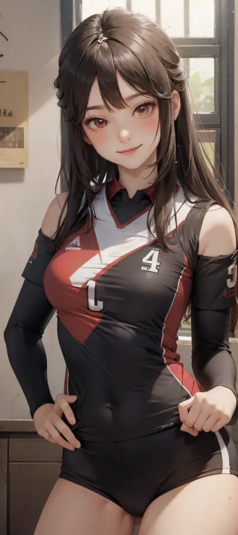 1lady solo, /(volleyball uniform/), /(dark brown hair/) bangs, blush light smile, (masterpiece best quality:1.2) delicate illust...