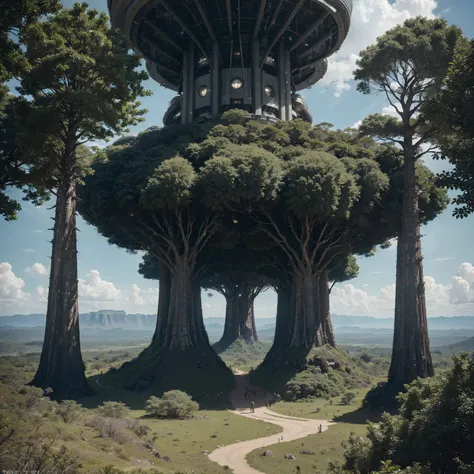 an incredible masterpiece of a giant trees, 8k, atmospheric art, an unexplored planet, an open plateau, a jungle, giant trees to the sky, massive mountains on the horizon, a futuristic-looking space base (Sci-fi design), people walk on the base, there are ...