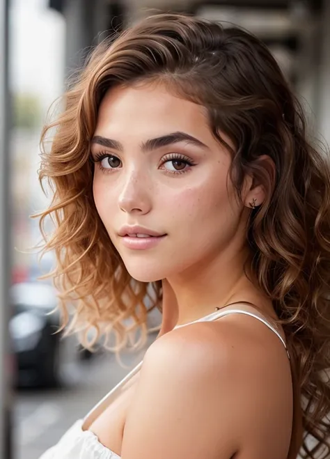 photo of FranceskaFournier Glamour photography young invisible makeup, focus on eyes, close up on face, hair styled Curly Side Swept Hair, ND filter