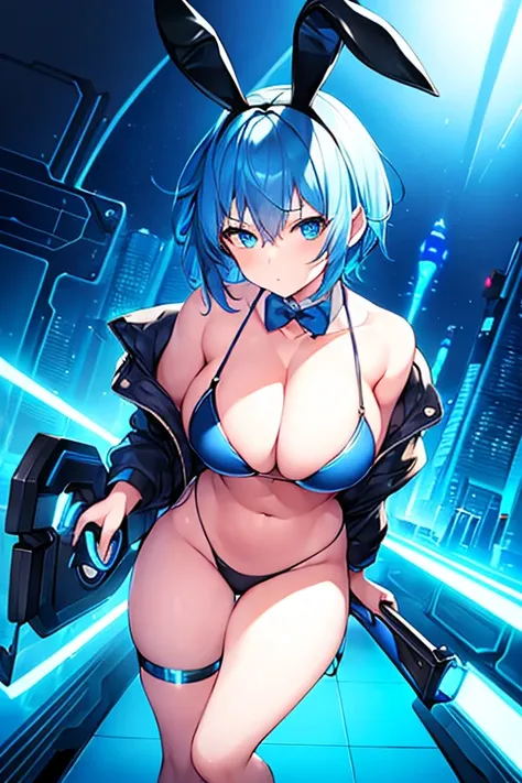 1girl, large breasts, wide hips, blue hair, short hair, very short hair, blue eyes, bikini, black bikini, shoes, sneakers, neon, machinery, tech, futuristic, science-fiction, blue neon trim, neon trim, light smime, bunny ears, rabbit ears, full body