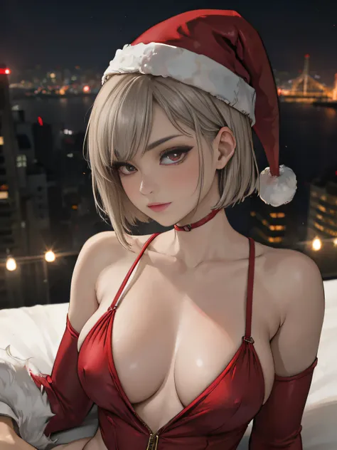 Slender woman、Super small breasts、Silver-haired short bob、super sexy red santa costume、slutty eyes looking at camera、Night view of the city、