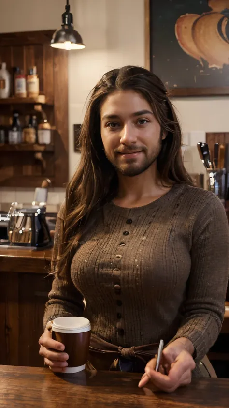 (best quality,4k,highres,ultra-detailed,realistic:1.37),vibrant portrait,beautiful cashier lady with a beard,long beautiful hair,manly chiseled face,expressive eyes,lovely smile,stylish outfit,confident stance,coffee cup,cozy atmosphere,artistic lighting,r...