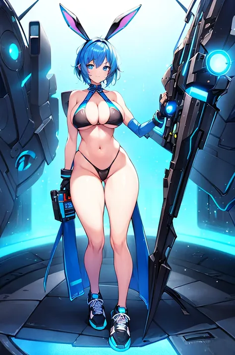 1girl, large breasts, wide hips, blue hair, short hair, very short hair, blue eyes, bikini, black bikini, shoes, sneakers, neon, machinery, tech, futuristic, science-fiction, blue neon trim, neon trim, light smile, bunny ears, rabbit ears, full body,