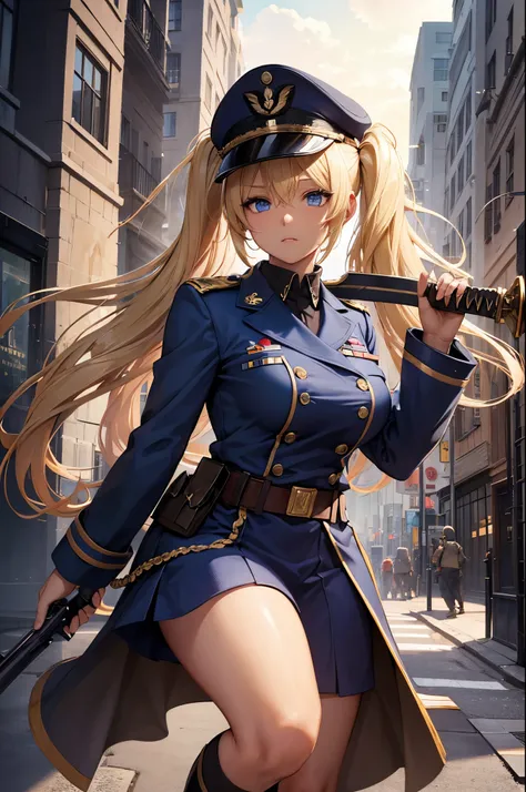 Female, Twintails Blonde hair, Blue eyes, dark brown skin, large breasts, wearing a military uniform and military cap and wielding a sword. A city background during the day time.