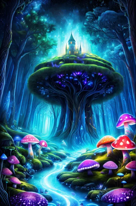 (Best quality at best, 8K, A high resolution, tmasterpiece:1.2), ultra - detailed, (actual, realistically:1.37), vibrant with colors, magical ambiance, Whimsical, ((A magical forest of luminous mushrooms, their glowing caps casting an ethereal glow on ever...