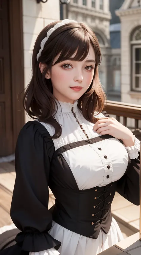 1lady solo, (Victorian female clothe), (dark brown hair) bangs, blush light smile, (masterpiece best quality:1.2) delicate illustration ultra-detailed, large breasts BREAK