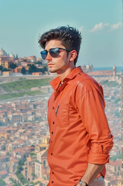 travel guy, 25years old, with sunglasses, with Italy background, looking straight at the camera