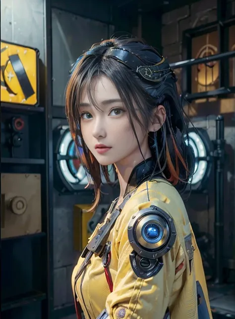 (masutepiece:1.3), (Best movie quality:1.2), (Very detailed settings:2), (Soft+Artistic lighting), (1boy), short blue hair, (Eyes+yellow+Red:1.4), (multicolored eyes+Heterochromia), Wear cyberpunk clothing, Futuristic, tech, city scenery (Robots around)0.4...