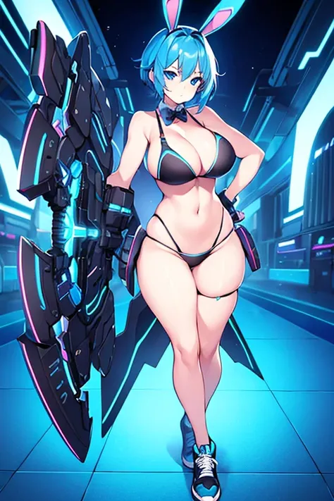 1girl, large breasts, wide hips, blue hair, short hair, very short hair, blue eyes, bikini, black bikini, shoes, sneakers, neon, machinery, tech, futuristic, science-fiction, blue neon trim, neon trim, light smile, bunny ears, rabbit ears, full body,