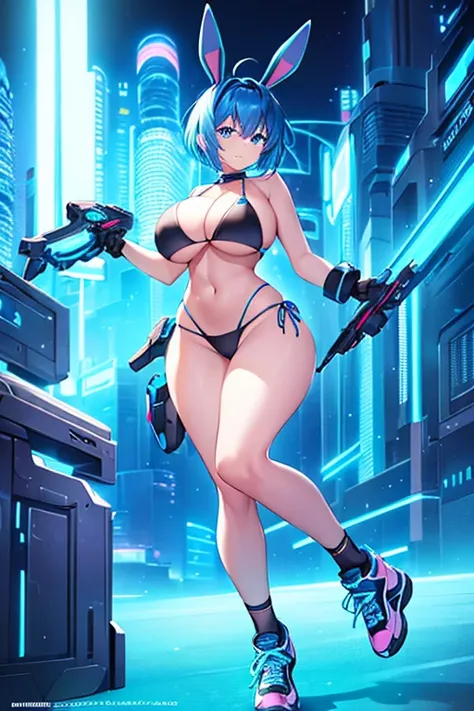 1girl, large breasts, wide hips, blue hair, short hair, very short hair, blue eyes, bikini, black bikini, shoes, sneakers, neon, machinery, tech, futuristic, science-fiction, blue neon trim, neon trim, light smile, bunny ears, rabbit ears, full body,