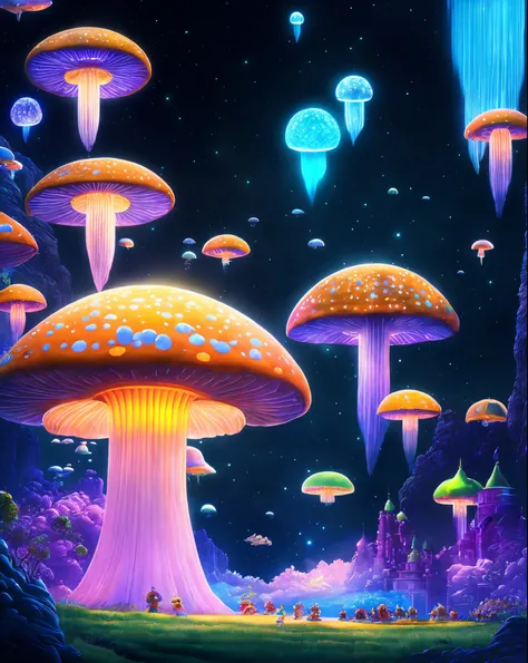 The mushroom world is my home. Real details of virtual glowing bioluminescent mushroom mega city inside jellyfish floating in dark sea, The dark metropolis at night is like a spiritual journey through a mushroom forest, cosmic, heavenly, god light, ornate ...