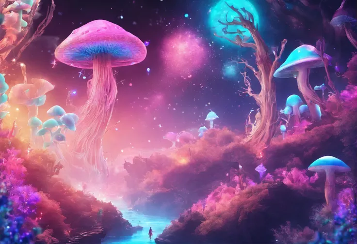 （（（Giant rainbow mushroom that emits auroras，covered with vines，leafs，fresh flowers））），Intense contour light，Inner glow，Colorful，（（Best quality））， （（tmasterpiece）），dances，Enhanced dynamic viewing angle，Sparkling creek，（weeds），flowers blooming，glowing effec...