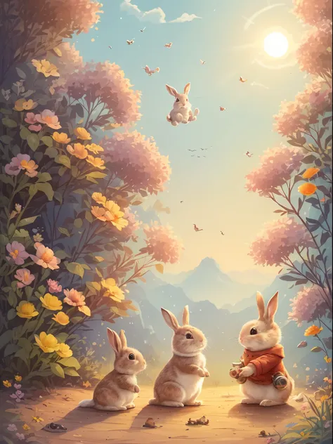 in the process of adventure，The little rabbit made new friends，Let’s work together to solve problems。Continuous shots，Cinematic immersion，Sense of story，childrens picture book,kid story,high saturation color,Color illustration