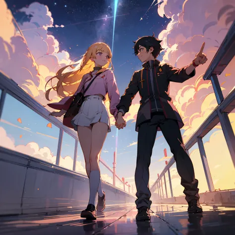 A wide shot of a magnificent futuristic neon-lit wide urban street with (a teenage girl and a boy holding hands side-by-side) while walking down along, low angle, (two-point perspective), three-quarter side profile view, the girl and boy are walking away f...