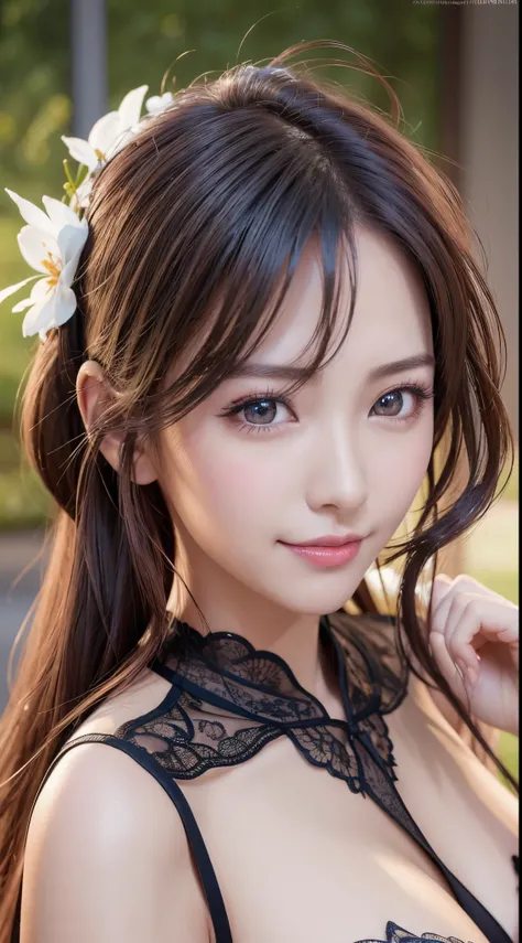 of the highest quality, 超A high resolution, (Photorealistic: 1.4), Beautiful eyes，realisticeyes,short detailed hair，Bewitching costumes，Beautiful breasts, Lovers, Lovers Eyes, Sexy smile, slenderbody, Perfect balance, Detailed skin,realskin,Beautie,An ultr...