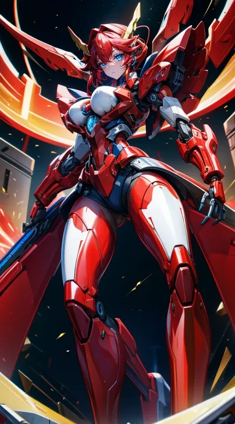 A beautiful mechanical girl，Red body，red thighhighs，red arms，cabellos largos dorados，Blue eyes