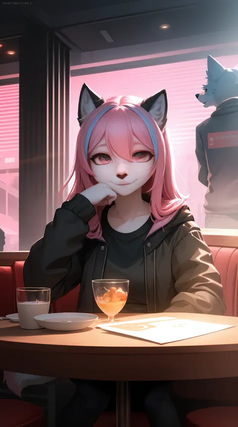 Cyberpunk fox, Beautiful light and shadow on light pink hair and childish face、Dining atmosphere lighting effects 、Ultra-fine fur、Volumetric light is very detailed，Finest quality furry art