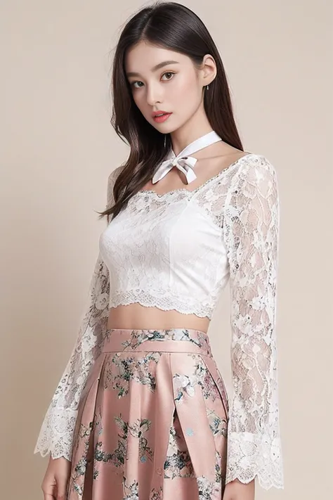 (white long sleeve lace blouse:1.2), The top is a pink camisole and short sleeve top., (Has a ribbon around the neck:1.2). The skirt is a white midi length skirt with a floral pattern. (Floral pattern).