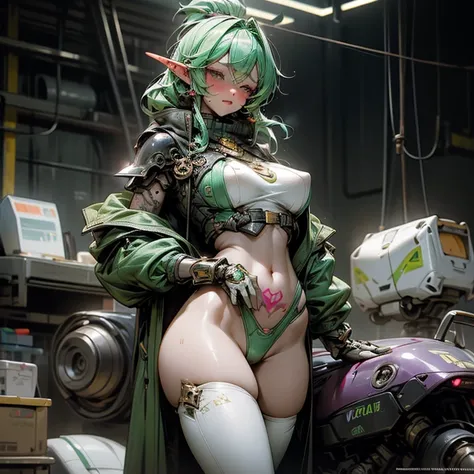 cosmic background、cyberpunk figures、android person、Robot Armor、Emerald hair、elvish、Machine armor、neon green mechanical decoration、white tight high leg swimsuit、String swimsuit、Underwear that bites、White High Socks、emerald garter belt、shoulders are exposed、...