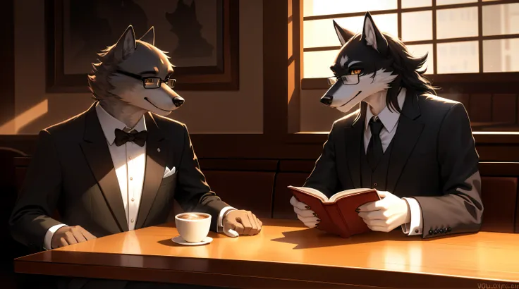 Wolf dog with black fur reads a book, kawa, eye glass, Bitchsuit, mobs&#39;Handsome profile in restaurant S, Beautiful light and shadow、Dining atmosphere lighting effects 、Ultra-fine fur、Volumetric light is very detailed，Finest quality furry art