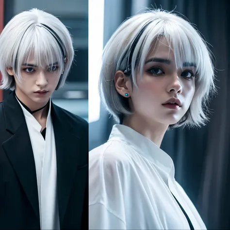 White-haired androgynous handsome boy with short bob in the near future