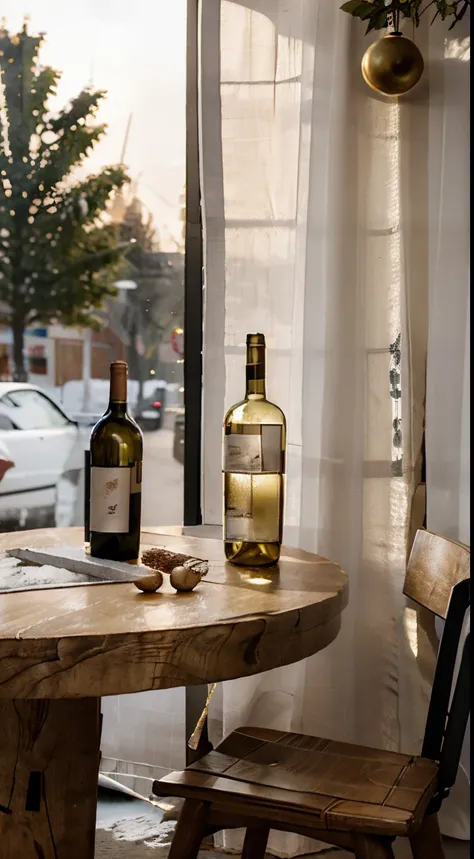 Close-up of the scene，scene capture，photore，tmasterpiece，Street bar entrance，Outdoor dining table，a desk，A few chairs，(( bottle of white wine on table ))，goblet，Various desserts，In the daytime，bare sycamore tree，Decorations hanging on it，Winter sun，window，...