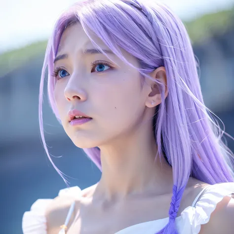 light purple hair color、girl with、White dress、blue-sky、Mare、Troubled face