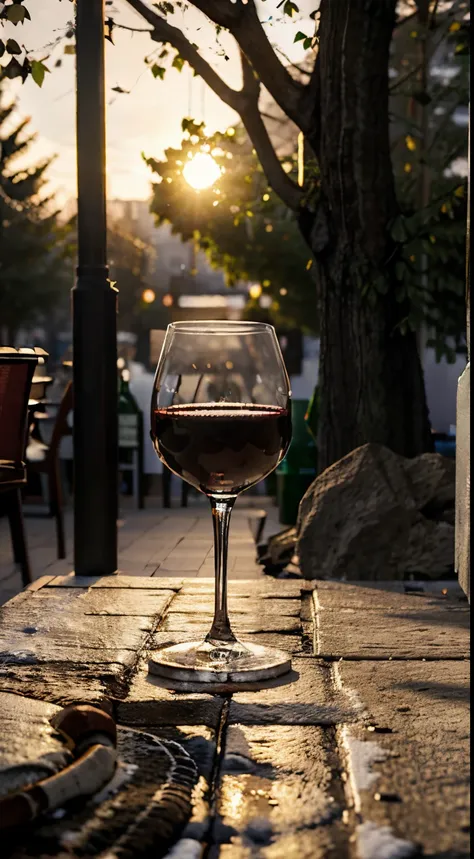 close-up of the scene，scene capture，photore，tmasterpiece，street bar entrance，outdoor dining table，a desk，a few chairs，(( bottle ...