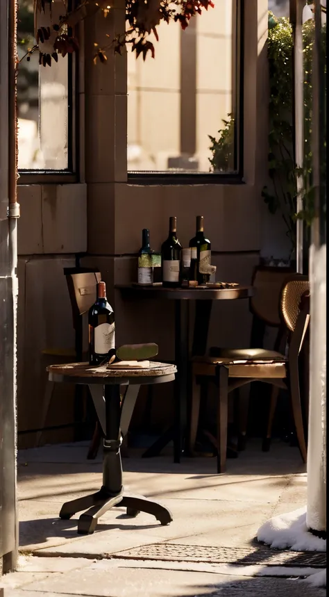 close-up of the scene，scene capture，photore，tmasterpiece，street bar entrance，outdoor dining table，a desk，a few chairs，(( bottle ...