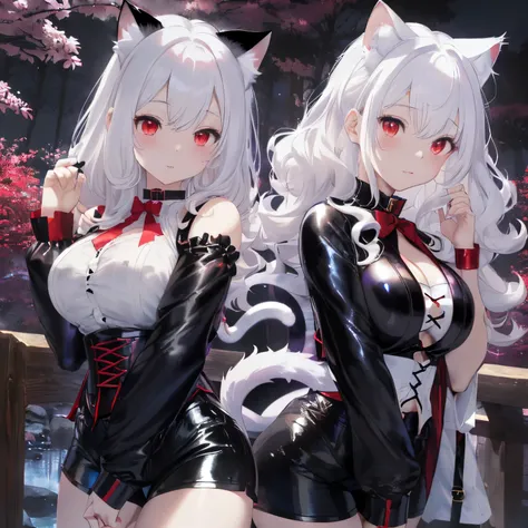 ((white  hair)),((Red Eyes)),((Shorthair)),((curly fluffy hair)),((Cats ears)),(youkai),((Cat again)),((catss&#39;The tail is divided into two parts.)),(tail),(Puff-sleeved long-sleeve clothes that show your shoulders),((Sheer tops)),(Striped clothes),((co...