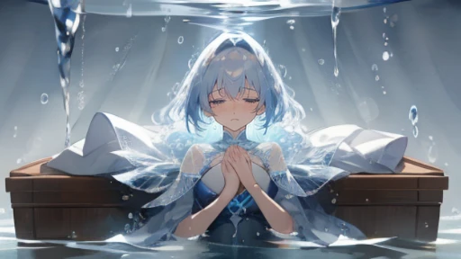 (Top resolution),1womanl,Anime, eyes are light blue and blue,odd eye,Delicate eyes,Gray hair,Blue Mesh,big bob hair,long,Sad look,Tears,Clothes made of water,breasts are small,dark backgrounds,water bubbles,the original god,Freena,Submerged in water,Fold y...