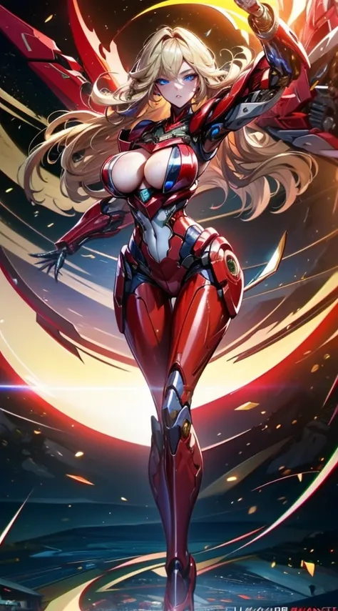 （（Beautiful mechanical girl）），Red body，Red legs，Red arm，Long blonde hair，eBlue eyes，shapely body，perfect body figure，Raised sexy，huge boob，beauitful face，ellegance，mature，Just the right lighting，perfect  detail，Perfect facial features，Use characters as the...