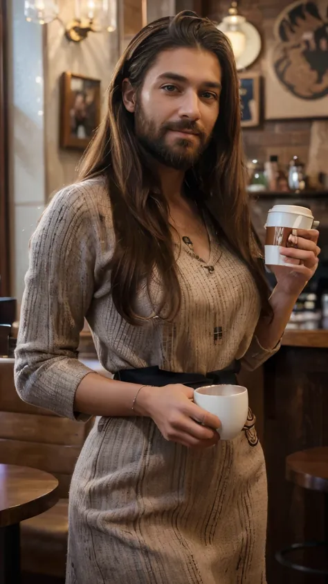 (best quality,4k,highres,ultra-detailed,realistic:1.37),vibrant portrait,beautiful cafe worker lady with a beard,long beautiful hair,manly chiseled face,expressive eyes,lovely smile,stylish outfit,confident stance,coffee cup,cozy atmosphere,artistic lighti...