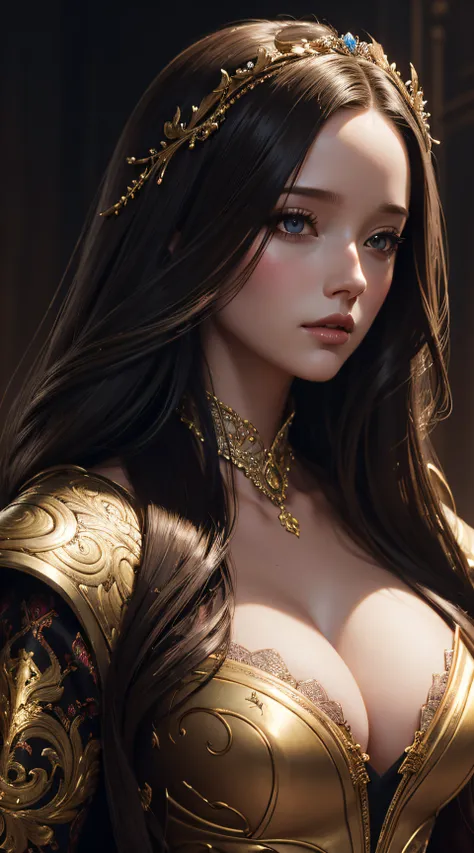 Merritt Patterson, baroque gorset  sexy clothes, character portrait, 5 9 9 0 s, long hair, intricate, elegant, highly detailed, digital painting, artstation, concept art, smooth, sharp focus, illustration, art by wlop, charlie bowater and alexandra fomina