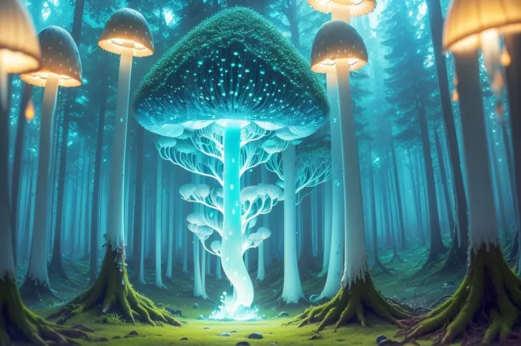 Best quality,A high resolution,ultra - detailed,(actual:1.37),extremly intricate，Fluorescent mushrooms,Whole glowing transparent mushroom,like a dream,Forest scene,Dewdrops,flash lights,soft mist,fluorescent light blue,emit bright light，transparency,enchan...