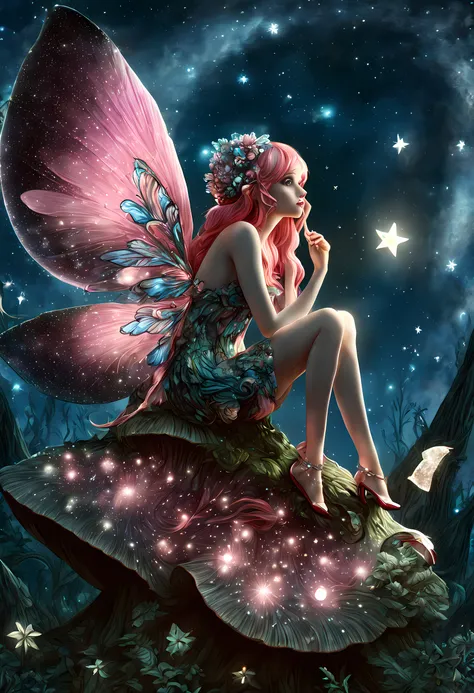 aa picture of an exquisite beautiful female fairy sitting on a (bioluminescent mushroom: 1.4) under the starry night sky at the ...