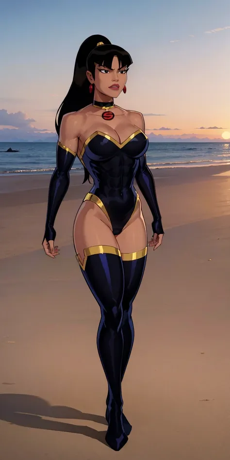 (masterpiece, best quality:1.2),  something unlimited,  superwoman (mary batson), 1girl, solo, breasts, black hair, thighhighs, large breasts, leotard, dark skin, long hair, gloves, dark-skinned female, ponytail, choker, jewelry, cleavage, abs, fingerless ...