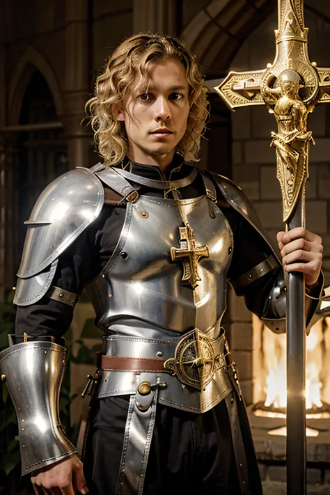 Silver harness of curly-haired blond holy knight with a golden cross on his breastplate brandishing a cruciform sword