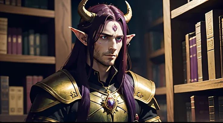 1 adult male half-elf, long maroon hair, warlock, (Horns: 1.2) from forehead sweeping up and back, sickly grey skin, branded scars on skin, purple eyes with sickly green glow, gaunt cheeks, sad eyes, dark bags under eyes, Ancient Library, bokeh, night, Wea...