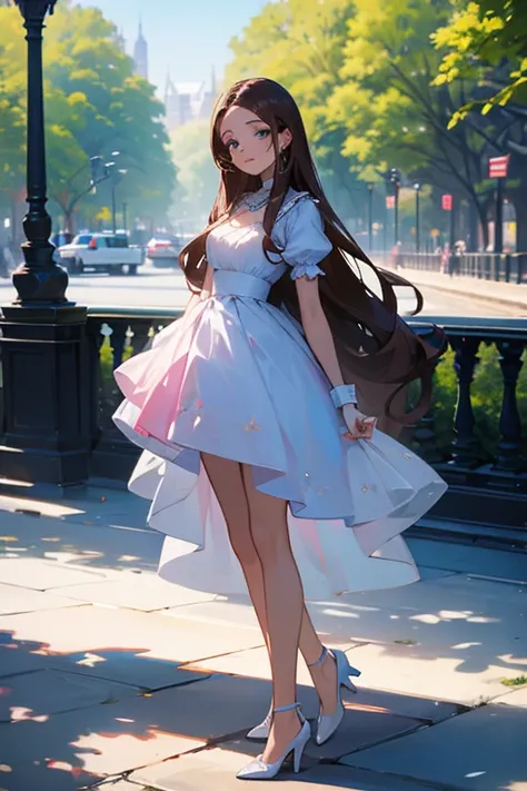 Picture of Elenika Niles, 17 years old, Long Brunette Hair,Blue Eyes,​ Pinkish white skin, perfect beautiful girl, European, full body image, Central Park.