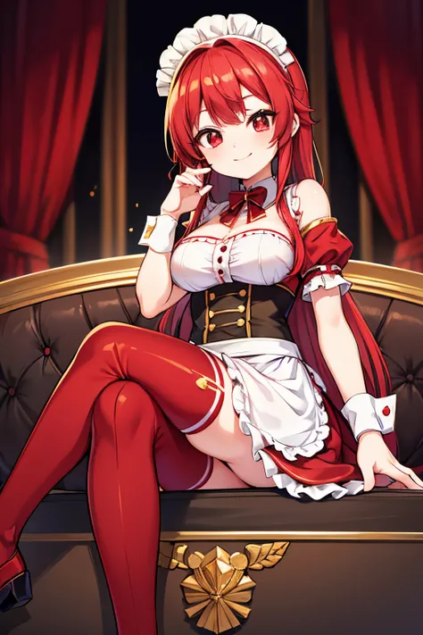 "anime girl, 1 person, bright red hair, shoulder length hair, dark red eyes, small hat, red hat with gold trim, maid, maid outfit, lolita,big breasts, pants stockings, crossed legs, smiling  smiling, solo, front view (full HD 4K+ photo)"