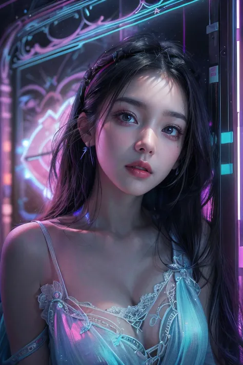 (Color photo of a mysterious beauty),(extremely delicate and beautiful work:1.2), Sitting in the Light of God, with neon lights, grand background, (she is the embodiment of beauty and charm, Her clothes are as soft and light as air.,) Kawaii face,(Looking ...