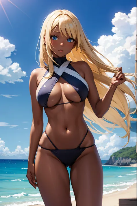 Female, hime cut Blonde hair, Blue eyes, dark brown skin, large breasts, wearing a bikini with the beach in the background