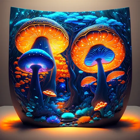 Bioluminescent Mushroom/Glowing mushrooms/luminous mushroom l, monet, blue, orange, grey,(best quality,4k,8k,highres,masterpiece:1.2),ultra-detailed,(realistic,photorealistic,photo-realistic:1.37),HDR,UHD,studio lighting,ultra-fine painting,sharp focus,phy...